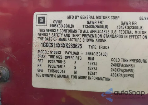 1999 Chevrolet S-10 Ls z USA, uszkodzony, nr VIN 1GCCS14X4XK233625